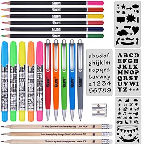 BLIEVE - Bible Journaling Kit With Gel Highlighters And Pens No Bleed, Scripture Markers and Pencils Supplies, Stencils Planner Set For Coloring Journal Art Illustrated By Faith Christian Gifts 24pcs