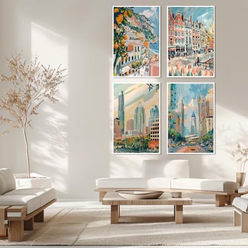 4 Pack Framed Town Paint by Numbers Kits for Adults with Easel (8x12in)