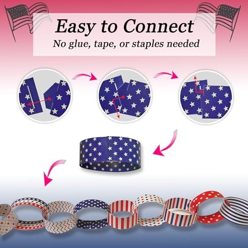 300 Paper Chain Strips for Crafting. No Glue or Tape Needed. Kid Friendly & Family Fun. Yields Over 50 Feet of Paper Chains for Party or Classroom Decorations (Stars and Stripes)