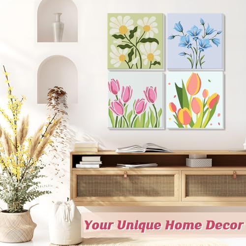 Flowers Paint by Number for Adults Beginners and Kids, 4 Pack DIY Adult Paint by Number Kits on Canvas Framed, Color by Numbers Acrylic Oil Painting Number Kits Crafts for Home Wall Decor 8x8inch