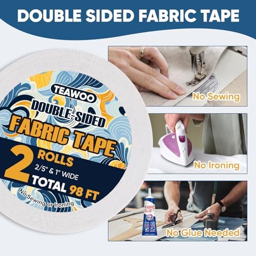 2 Rolls Double Sided Fabric Tape, 2/5-1IN 98 FT Hem Tape No Sewing No Iron