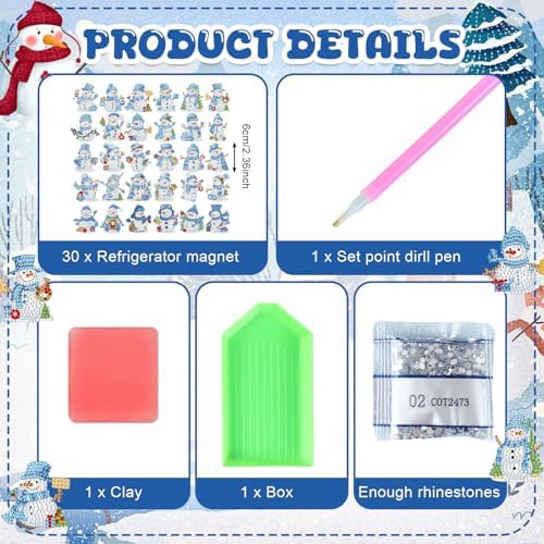 30 Pcs Christmas Diamond Art Magnet, Winter Snowman Diamond Painting