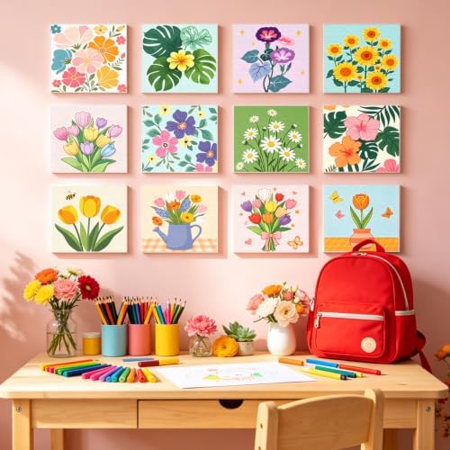 12 Packs Floral Pre Drawn Canvas to Paint, Flower Pre Printed Canvas for Painting, Pre Stretched Canvas Outline Painting Boards for Beginners, Students, Party Favors(4 * 4in)