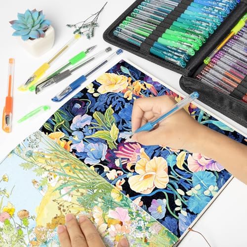 Aen Art Glitter Gel Pens with Case for Adult Coloring Books, 100 Color Glitter Pen Set 30% More Ink Neon Glitter Gel Marker for Journaling Crafting Doodling Drawing