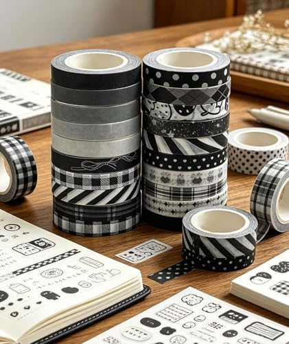 Vintage Thin Washi Tape, 7mm Narrow Decorative Tape for Journaling Planner Border Detailing，Bullet Journal, Minimalist Black White Fine Line Skinny Masking Tape for DIY Crafts Scrapbooking (20 Rolls)