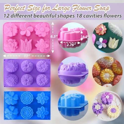 Soap Molds Silicone Flower Shapes 3-Pack, Chocolate Ice Cube Cake Candy Gelatina Rose Molds Bath Bomb Different Floral Molds, Homemade DIY Non-Stick Craft Food Grade Molds BPA Free Tray Molds