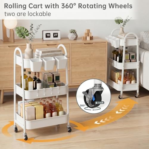 danpinera 3-Tier Rolling Cart, Utility Cart Mobile Metal Rolling Storage Cart with Lockable Wheels & Hanging Cups & Hooks for Kitchen, Bathroom, Office, Workshop, White