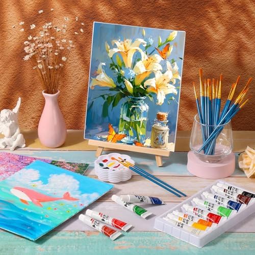 shynek 66 Pack Canvases with Easel Set, 8 x 10 Inch Canvas Boards with Wooden Easels, Acrylic Paint, Paint Brushes Canvas Panel Painting Kit for Beginners Art Crafts Sip and Paint Party