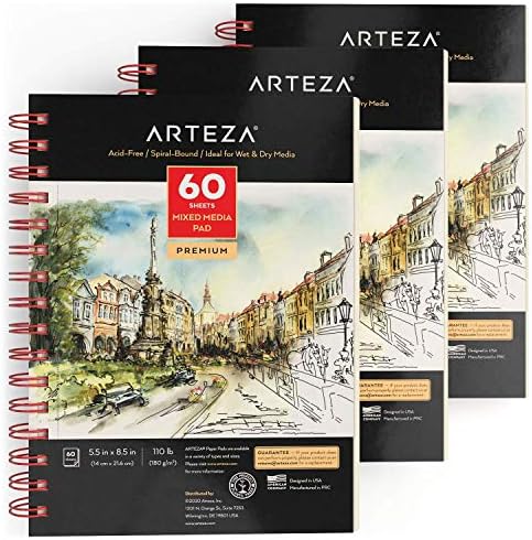 ARTEZA Mixed Media Sketchbook, 5.5 x 8.5 Inches, Pack of 3, 60 Sheets Each, Micro-Perforated Spiral-Bound Paper Pad for Wet and Dry Media