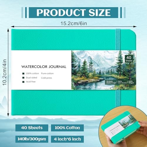 40 Sheets Watercolor Journal, 4x6 in, 140 Lb Cold Press Paper, Blue