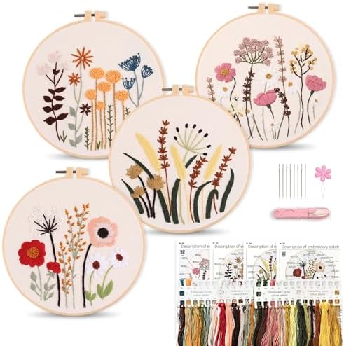 Harimau Adult Beginner Embroidery Starter Kit, Complete Set with 4 Patterns, 2 Hoops, Needles, Scissors, Instruction Guide & Stitching Video Tutorials