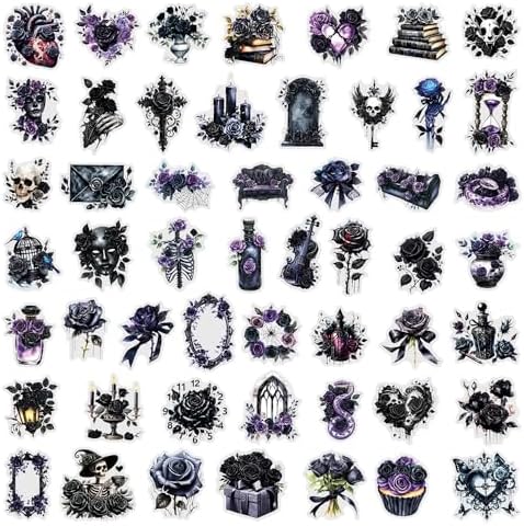 50Pcs Vintage Stickers,Waterproof Transparent PET Aesthetic Decorative Scrapbooking Supplies for Adult Card Making Letters Planner Journaling Junk Journal DIY Water Bottles Art Craft.Black Rose