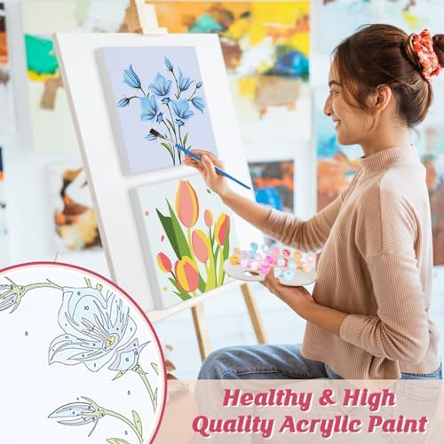 Flowers Paint by Number for Adults Beginners and Kids, 4 Pack DIY Adult Paint by Number Kits on Canvas Framed, Color by Numbers Acrylic Oil Painting Number Kits Crafts for Home Wall Decor 8x8inch