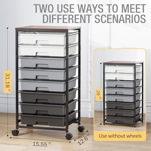 Rolling Storage Cart with 8 Drawers, Utility Cart on Wheels with Wooden Tabletop, Utility Cart for Teacher Storage, Office Organizer, Classroom Storage Cart, Craft Storage, Grey | Utility Cart on Wheels with Wooden Tabletop,Teacher Organization for Cla...