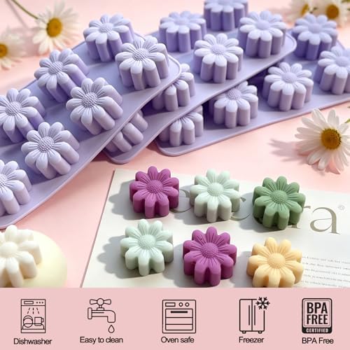 3 Pack Flower Silicone Molds, Daisy Flower Chocolate Candy Molds for Soap Making 8 Cavities Daisy Ice Cube Molds for Baking Candle Cookie Jello Wax Melts Cake Decorating