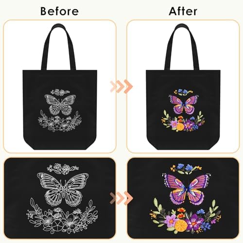 ERKOON Canvas Tote Bag Embroidery Kit for Beginners, Needlepoint Arts Crafts Cross Stitch Kits for Adults Including Stamped Embroidery Bag with Hoops, Needle, Instruction and Color Threads (Butterfly)