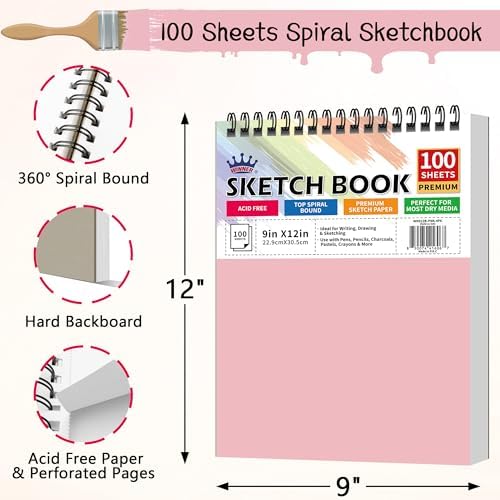 WINNER 9" x 12" Sketch Book 4 Pack, 400 Sheets Spiral Bound Art Sketchbook, 68lb/100gsm White Acid Free Drawing Pad, Sketching Drawing Writing Sketch Pad for Kids, Adults, Art Supplies, Pink