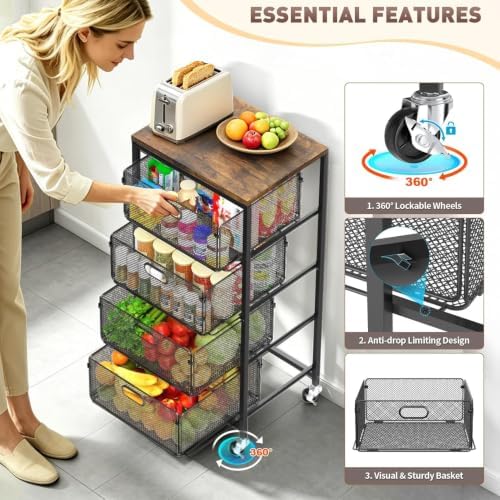 SUNALLY Kitchen Storage Cart with Drawers,Metal Snack Cart Organizer,Black