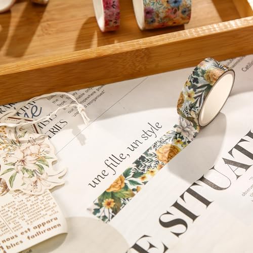 Floral Washi Tape Set - 15 Rolls Flowers Arts Adhesive Tapes Garden Blooms Decorative Masking Tape Sets for Craft, Kids, Scrapbook, DIY, Gift Wrloapping (1-Spring Meadow)