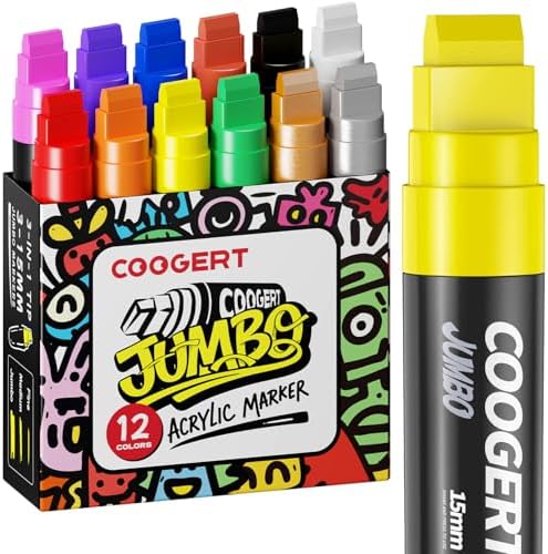 Coogert 12 Colors Jumbo Poster Markers, 15MM Thick Permanent Acrylic Graffiti Markers, Wide Tip Paint Marker for Canvas, Posters Board, Fabric, Window, Wood,Teachers,Banner painting supplies