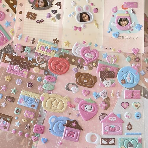 4 Sheets 3D Puffy Stickers, Kawaii Cartoon Stickers Cute Animals, Desserts, Music Pink Aesthetic Foam Stickers for Scrapbooking, Journaling, DIY Crafts, Laptop & Water Bottle Decor