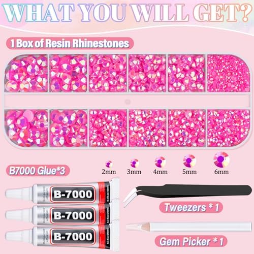 Resin Rhinestones for Crafting with 3Pcs 10ml B7000 Jewelry Glue, 1 Box Hot Pink AB Flatback Gems Crystals Diamond for Bedazzling Crafts DIY Nail Art Makeup, Gems for Clothing Tumblers Shoes
