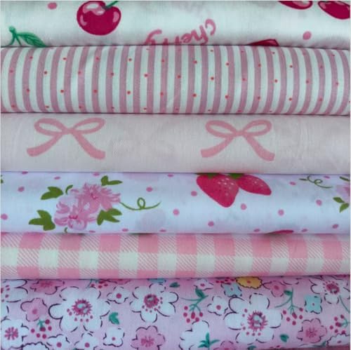 Cotton Fabric DIY Making Supplies Quilting Patchwork Fabric Fat Quarter Bundles DIY for Quilting Cotton Patchwork Cushions (6pcs Strawberry, 9.8" x 9.8")