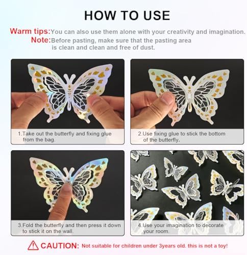 Butterfly Wall Stickers - 60pcs 3D Butterflies Removable Mural Wall Decals for Indoor Home Room Bedroom Decorations (Sliver)