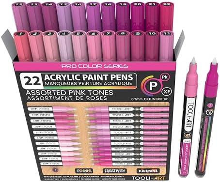 Acrylic Paint Pens 22 Pink Tones Assorted Pro Color Series Markers Set 0.7mm Extra Fine Tip for Rock Painting, Glass, Mugs, Wood, Metal, Canvas, Projects, Non Toxic, Waterbased, Quick Drying