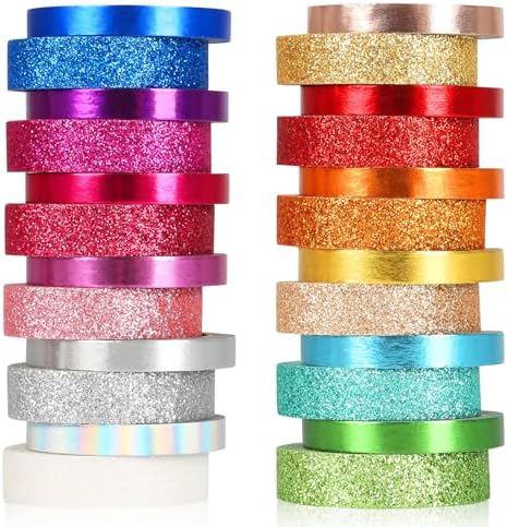 Metallic Glitter Washi Tape - 24 Rolls Thin Colored Masking Tape Set, 6mm/10mm Decorative Tapes for Bullet Journal, Scrapbook, Christmas DIY Crafts, Gift Packaging