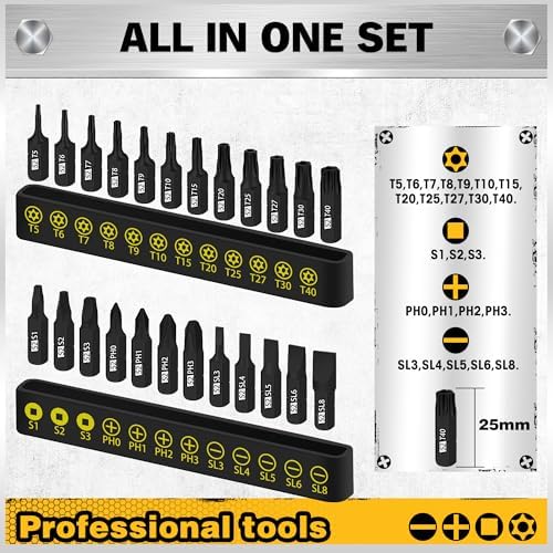 26-Piece Magnetic Security Torx Screwdriver Bit Set - 1/4 inch Magnetic Bit Driver, T5-T40, Ergonomic Cushion Grip 95mm & 210mm Handles, Torx, Square, Phillips, Slotted Bits