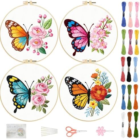 FREEBLOSS 4 Sets Embroidery Kit for Beginners Needlepoint Flower Butterfly Stamped Embroidery Starter Kit with Instructions, Needles, Threads, 2 Hoops 11.6"/29.5CM