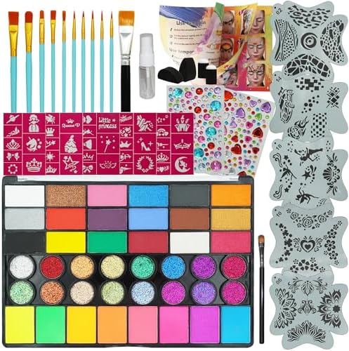 42Color Face Painting Kit for Kids - Non Toxic Water Activated Face Paint Set with Stencils, Brushes, Gems & Book. For Halloween, Carnival, Party; Costume Makeup (42 Color Face Painting Set)