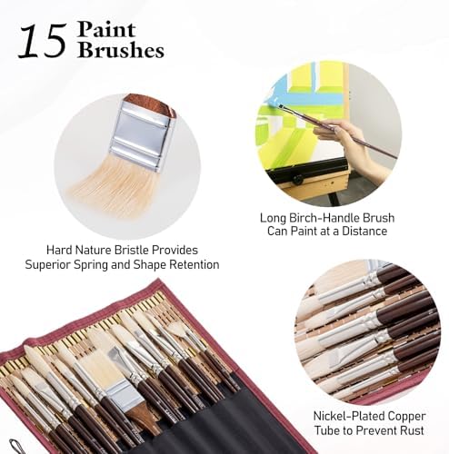 Falling in Art 15 Pcs Professional Oil Paint Brush Set, Natural Hog Bristle