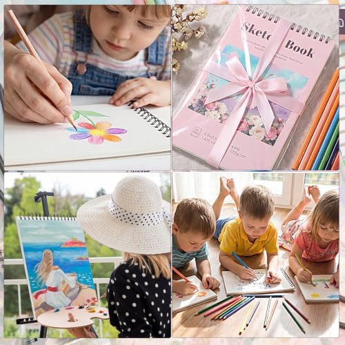 4 Pack Small Sketch Books, 5.5 × 8.5 in, Spiral Bound, Pink | 100gsm Acid-Free Paper, 30 Sheets Each, Dry Media Use, Flat-Lay Top Spiral, Portable for Travel And Class