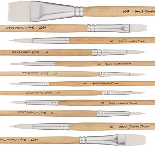 Jerry Q Art 12 PC White Synthetic Hair Round and Flat Paint Brush Set with Short Wood Handle for Acrylic, Watercolor and All Media JQ17931