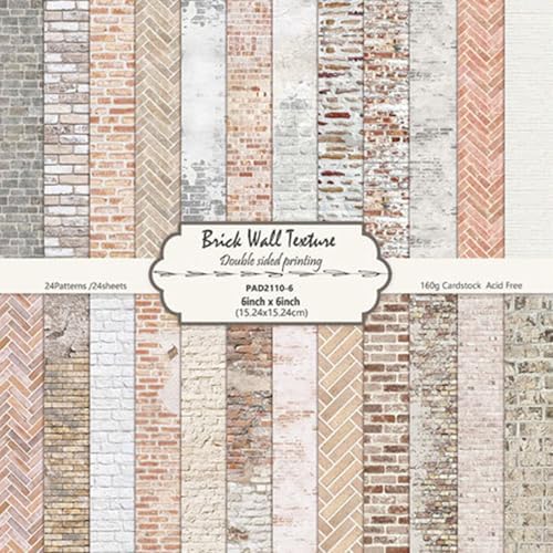 24 Sheets Retro Double Sided Scrapbook Paper, 6x6 Inch Brick Wall Textured Patterned Decorative Materials for Origami Cardstock Collage Junk Journal DIY Craft Wrapping Folded Photo Album