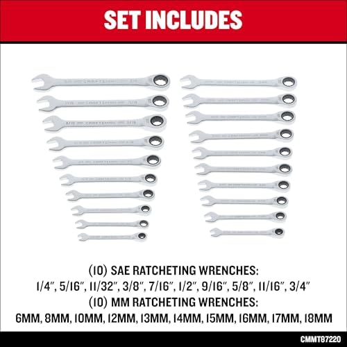 CRAFTSMAN Ratchet Wrenches Set, 20 Pc, 90 Tooth SAE/Metric Ratcheting Wrench Set with Case, 4 Degree Arc Swing (CMMT87220)