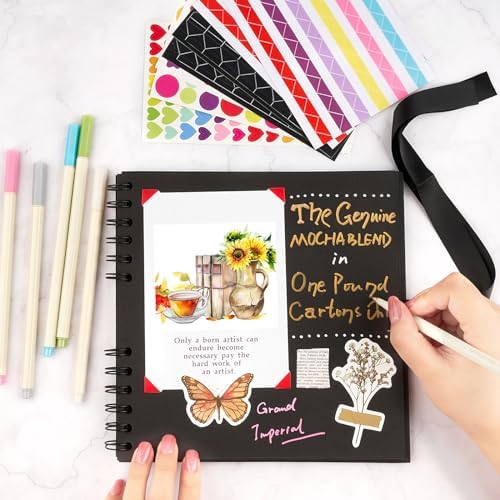 Mauproy 8 x 8 Inch Small Black Scrapbook Album, 40 Pages | Photo Album with Black Pages, Kraft Paper Hardcover Memory Book with DIY Accessories Kit for Birthday, Wedding, Travel