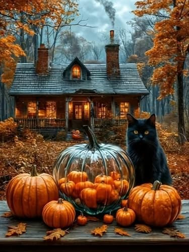 KYOQFVN Halloween Diamond Painting Kits for Adults, Black Cat Diamond Art Kits for Adults, DIY Full Drill Diamond Paintings Picture Arts Craft for Home Wall Art Decor 12×16 Inch