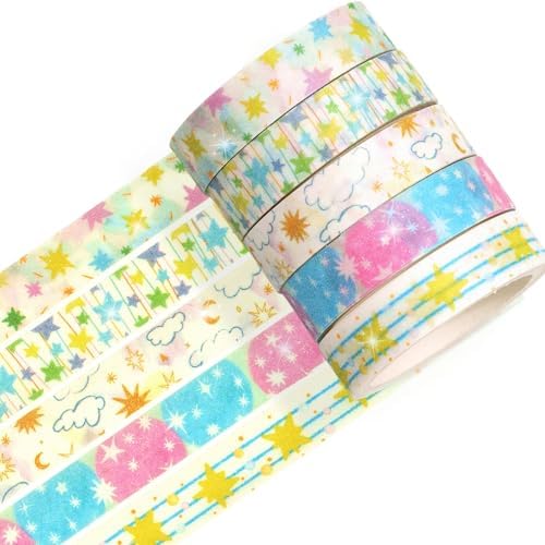 Cute Pattern Washi Tape Set 5 Rolls Glitter Cover Decorative Wide Kawaii Masking Tapes for Arts, DIY Crafts, Journals, Planners, Scrapbook, Wrapping (2 Star Sparkle)