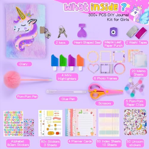 Cherry Tale DIY Journal Kit for Girls, 300+ PCS Scrapbook Kit for Girls Ages 6-14, Fluffy Unicorn Lockable Diary with Keys, Stickers and Markers, 6 7 8 9 10 11 12 13 14 Year Old Girl Birthday Gift