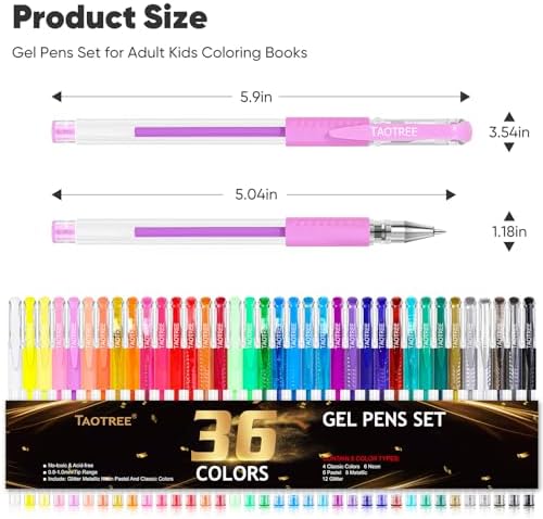 Taotree Gel Pens for Coloring Books, 36 Colors Glitter Pens, 40% More Ink