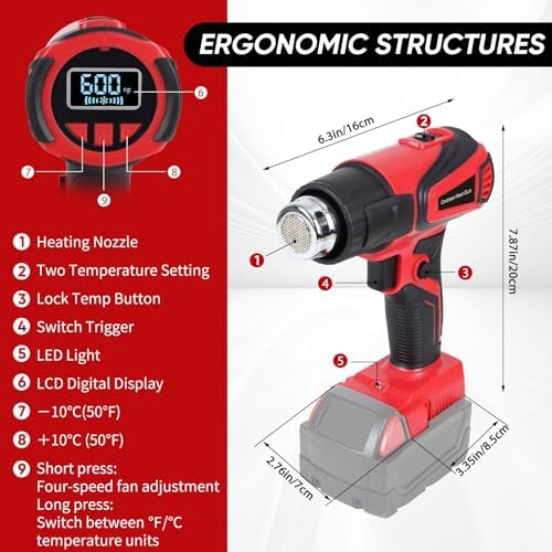 Cordless Heat Gun Compatible with Milwaukee M18 Battery, Fast Heating Variable Temp (122°F~1112°F) Hot Gun LCD Display and 4 Nozzle for Shrink Tubing, DIY(No Battery, Not Made by Milwaukee) (Red)