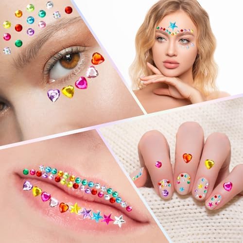 1296 pcs Gem Stickers Rhinestones for Crafts, Sparkling Cute Star Heart Round Small Stickers for Women Adults, Glitter Jewels Stickers for Face Eye Body Makeup, DIY Decoration WUINOID