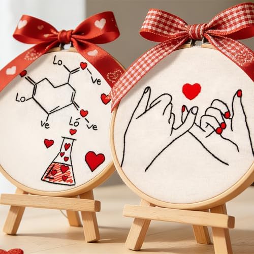 Valentine's Day Embroidery Kits for Beginners Adults, Romance Love Heart Embroidery Needlepoint Kits, Hand Stamped Cross Stitch Kits for Beginners Adults, 2 Embroidery Hoops (Attached Video Tutorial)