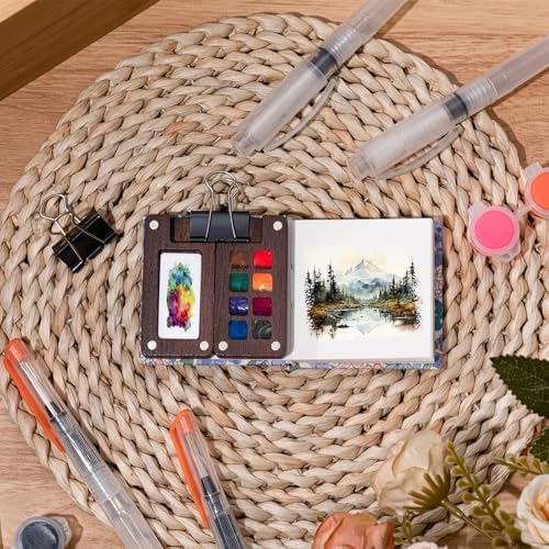 Qilery Mini Portable Watercolor Palette Set Wooden Grid Paint Box Watercolor Paper Sketch Book Brush Pens with Binder Clip for Painters Artist Not Include Paint(Summer Flowers)