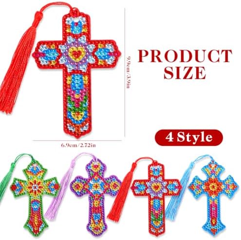4 Pcs Cross 5d Diamond Art Bookmarks, DIY Acrylic Crystal Christian Bookmark with Tassel, Handmade Crafts Religious Book Mark Gift for Book Lovers Women Girls Teenagers Creative Decor