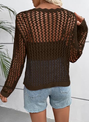 EVALESS Crochet Tops for Women Long Sleeve Hollow Out Knit Sweaters
