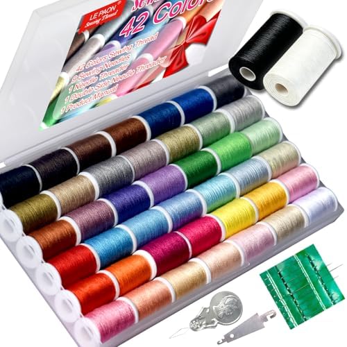 All Purpose Sewing Thread Set - 42 Assorted Rainbow Color Series and White Black Handy Polyester Thread Kit Includes 9 Hand Needles, 2 Needle Threaders, Suitable for Hand and Machine Sewing